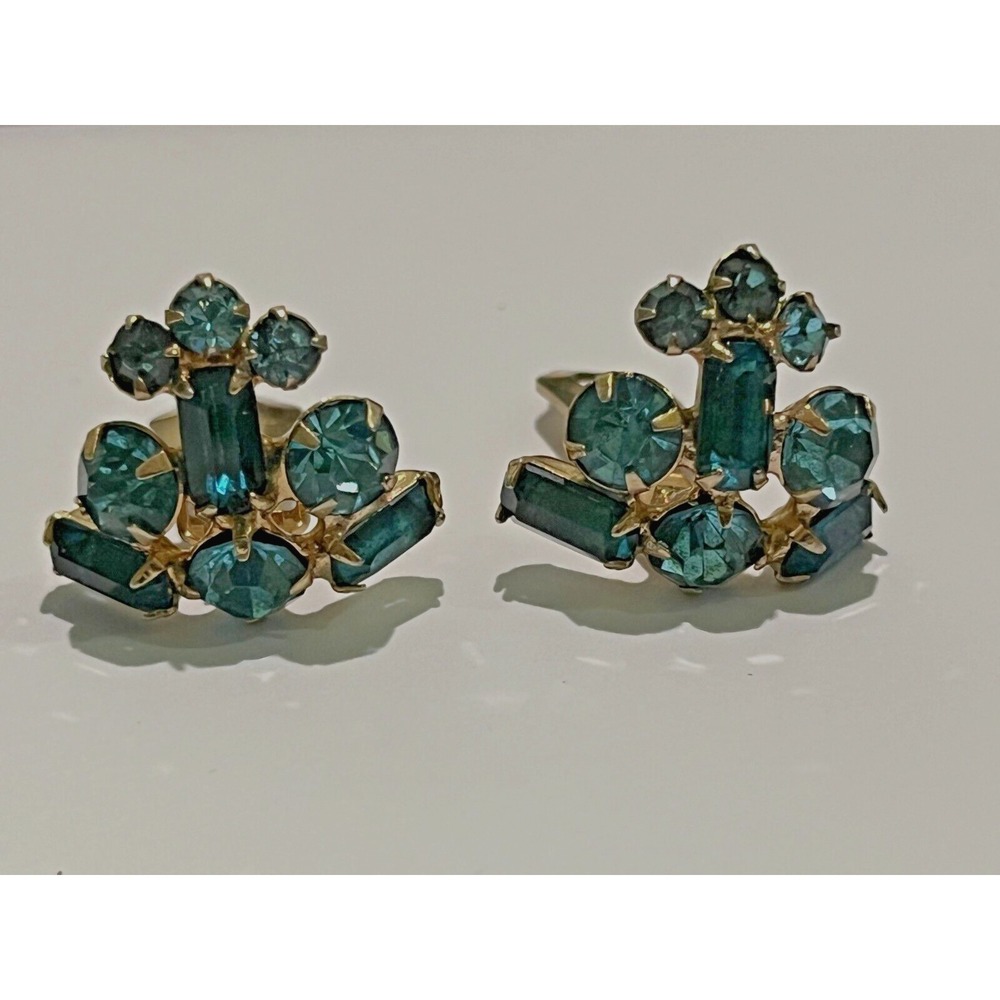 Vintage Bluish Turquoise Rhinestones Clip On Earrings  80s 90s Jewelry‎ Dress